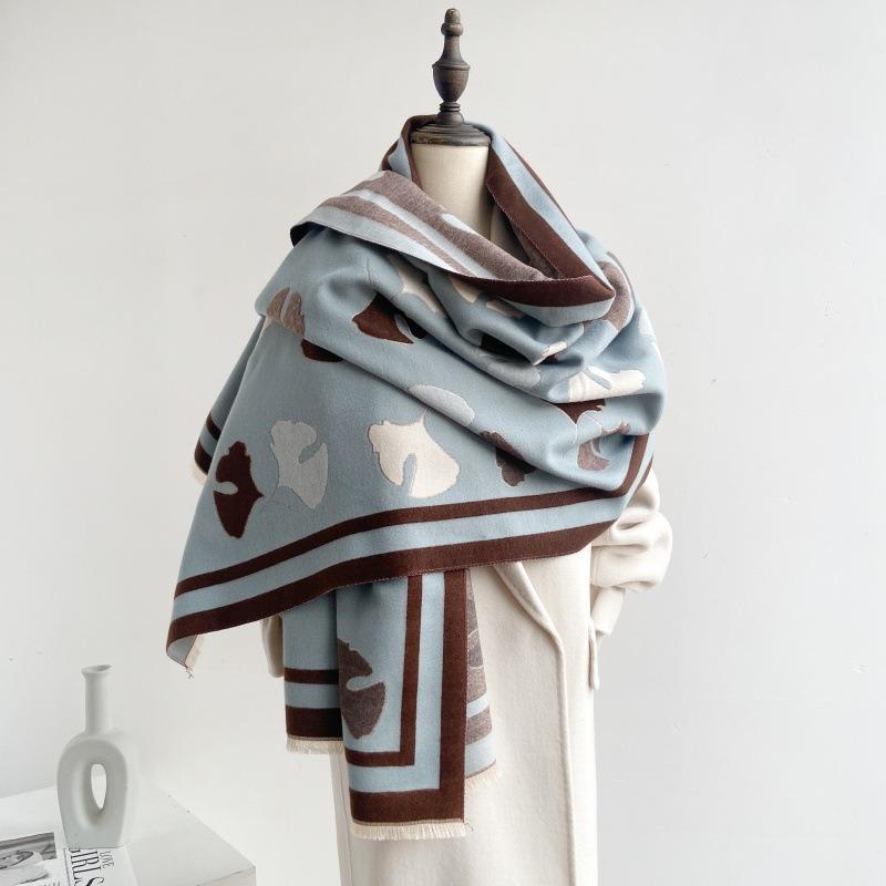 Autumn and winter ginkgo biloba leaf print double-sided two-color imitation cashmere thermal scarf women's sweet wind air conditioner shawl
