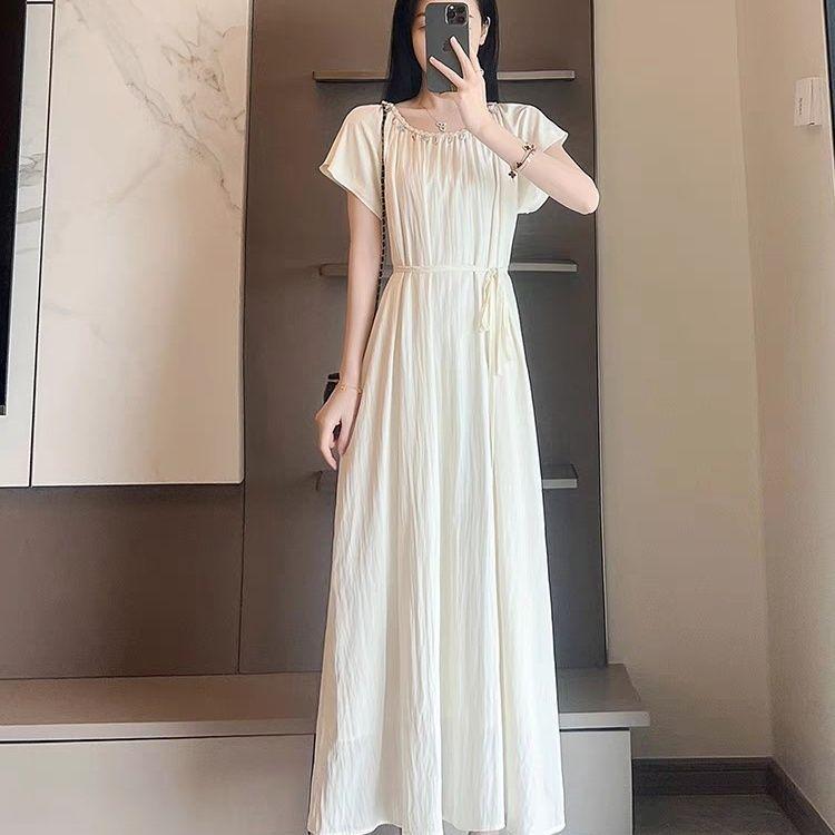 Elegant Summer French Round Neck Holiday Dress 2026: Slimming Waist-Cinched, Lace-Up Long Design M