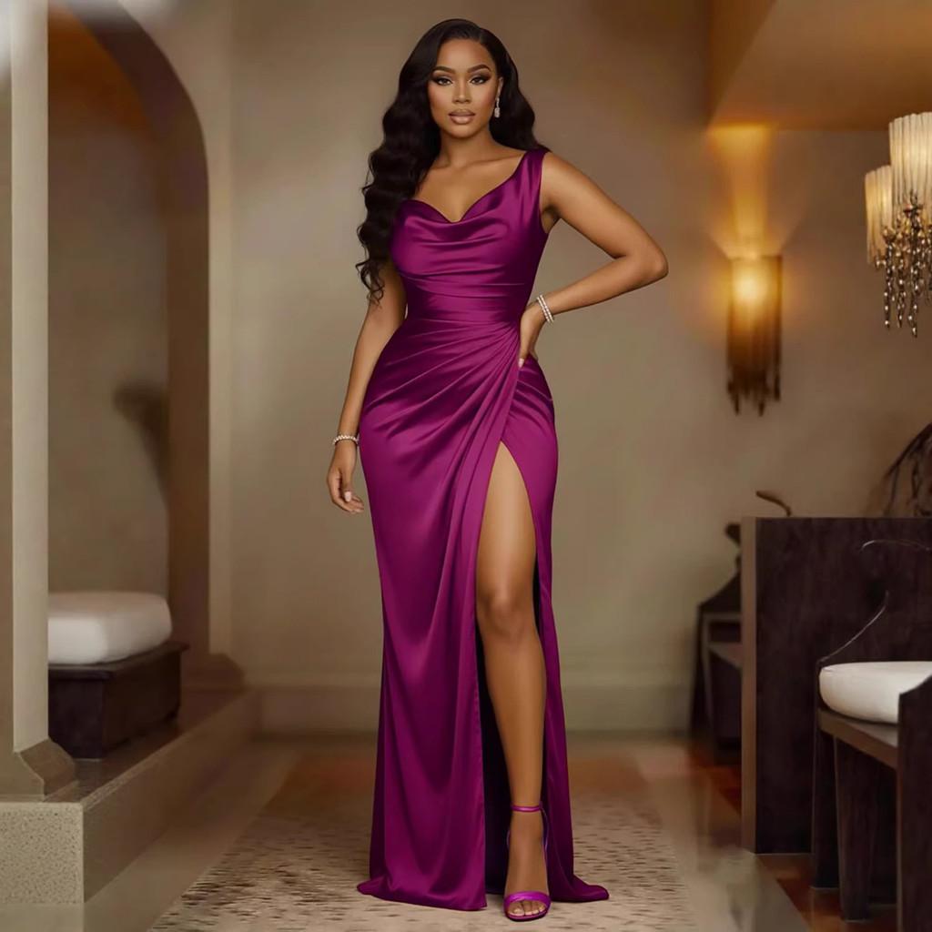 Elegant Satin Slit Hem Sleeveless Mermaid Dress With High Waist For Evening Parties