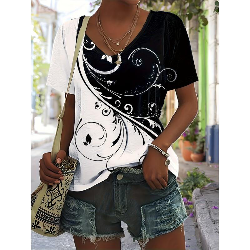 Womens V-Neck Short Sleeve T-Shirt With 3D Printed Striped Loose Fit Casual Chic Top 2025