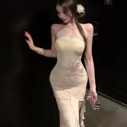 Summer design hot drill off-shoulder backless sleeveless tube top dress women's pure desire wind slim-fitting hip-wrapped split-fork long dress