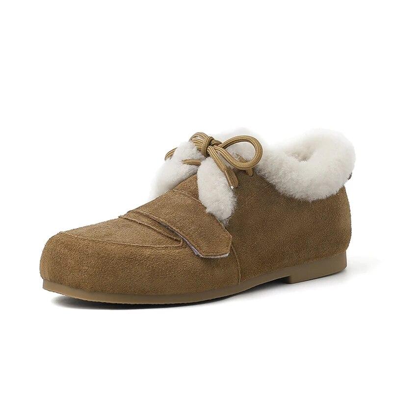 

Жіноче взуття Meotina з натуральної шкіри на низькій підошві з круглим носком і хутром на шнурівці з коров’ячої замші, лаконічні жіночі модні повсякденні туфлі, зимові чорні хакі 40 39 хакі