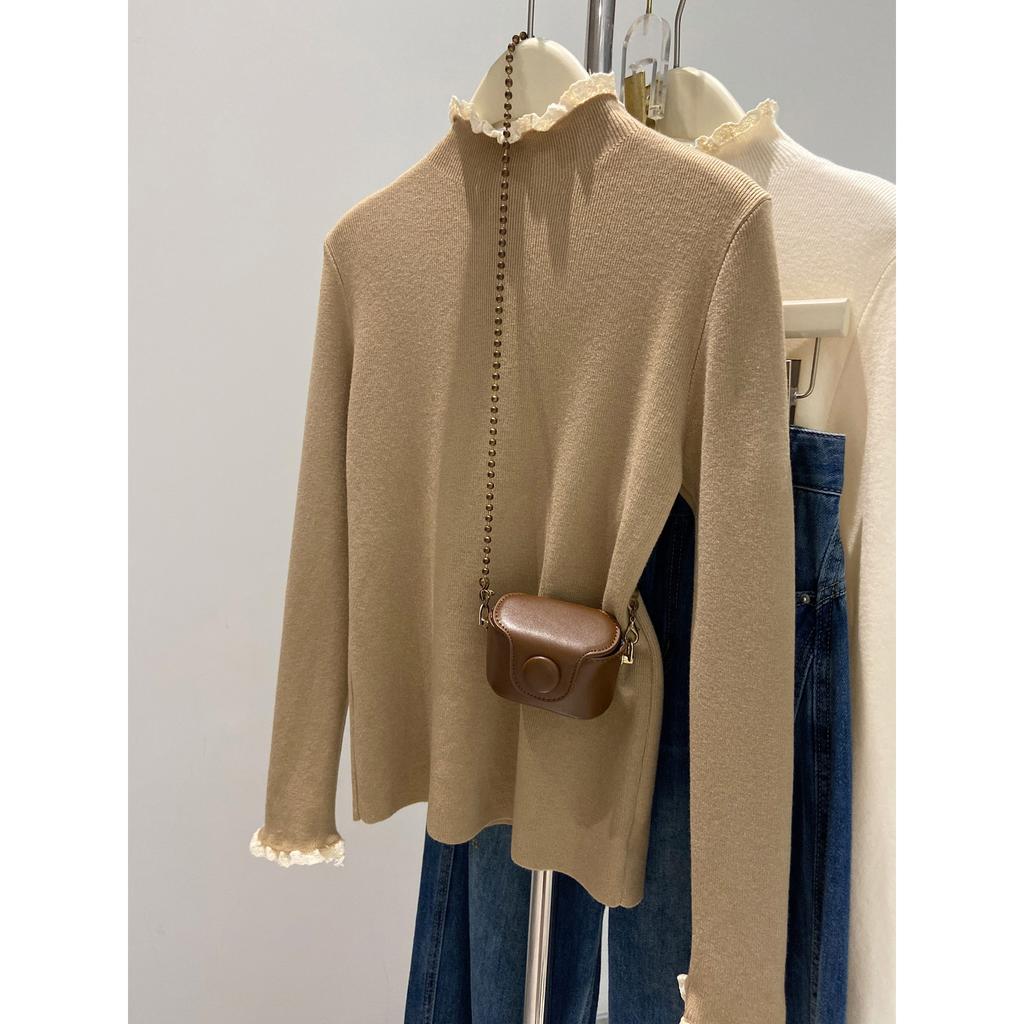 Dopamine semi-turtleneck lace top women's soft waxy knitted sweater autumn and winter slim and thin inner long-sleeved backing sweater