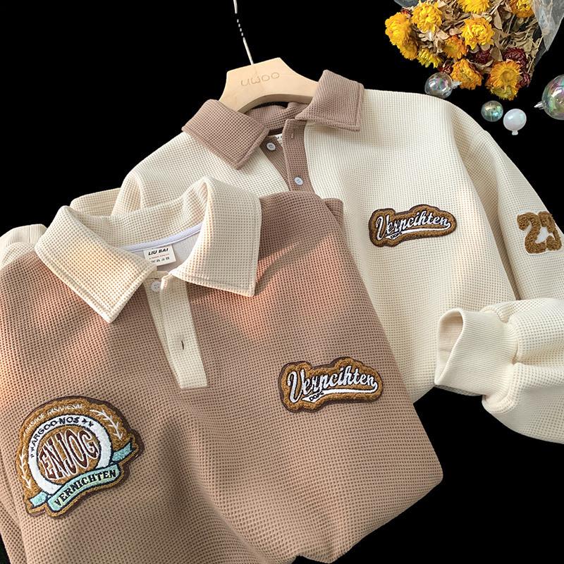 Męska bluza polo waflowa: Modny Haftowany Kołnierz, Styl Retro Amerykański, Ciężka Kurtka z Długim Rękawem na Wiosnę i Jesień