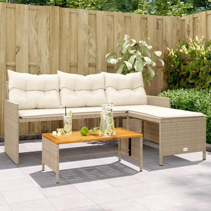 VidaXL Canapé de Jardin avec Table et Coussins en Forme de L, Siège de Patio, Meuble de Terrasse Balco Extérieur, Beige 365583