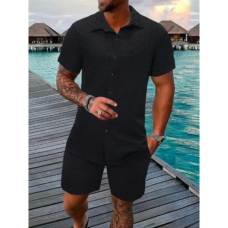 Herren Casual Unifarben Jacquard Kurzarmhemd und Shorts Zweiteiliges Urlaubsset