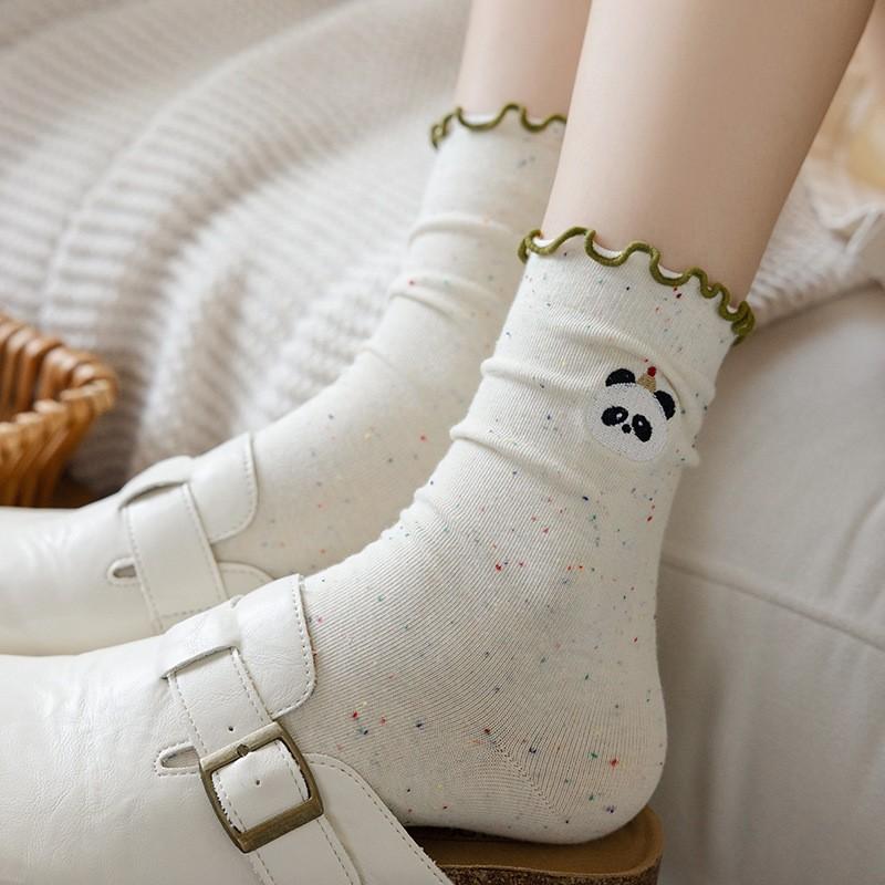 Socks Pure Cotton Stacking Socks Season Idea Yarn Cute Embroidery Cartoon Fungus Edge Cotton Medium Tube Socks