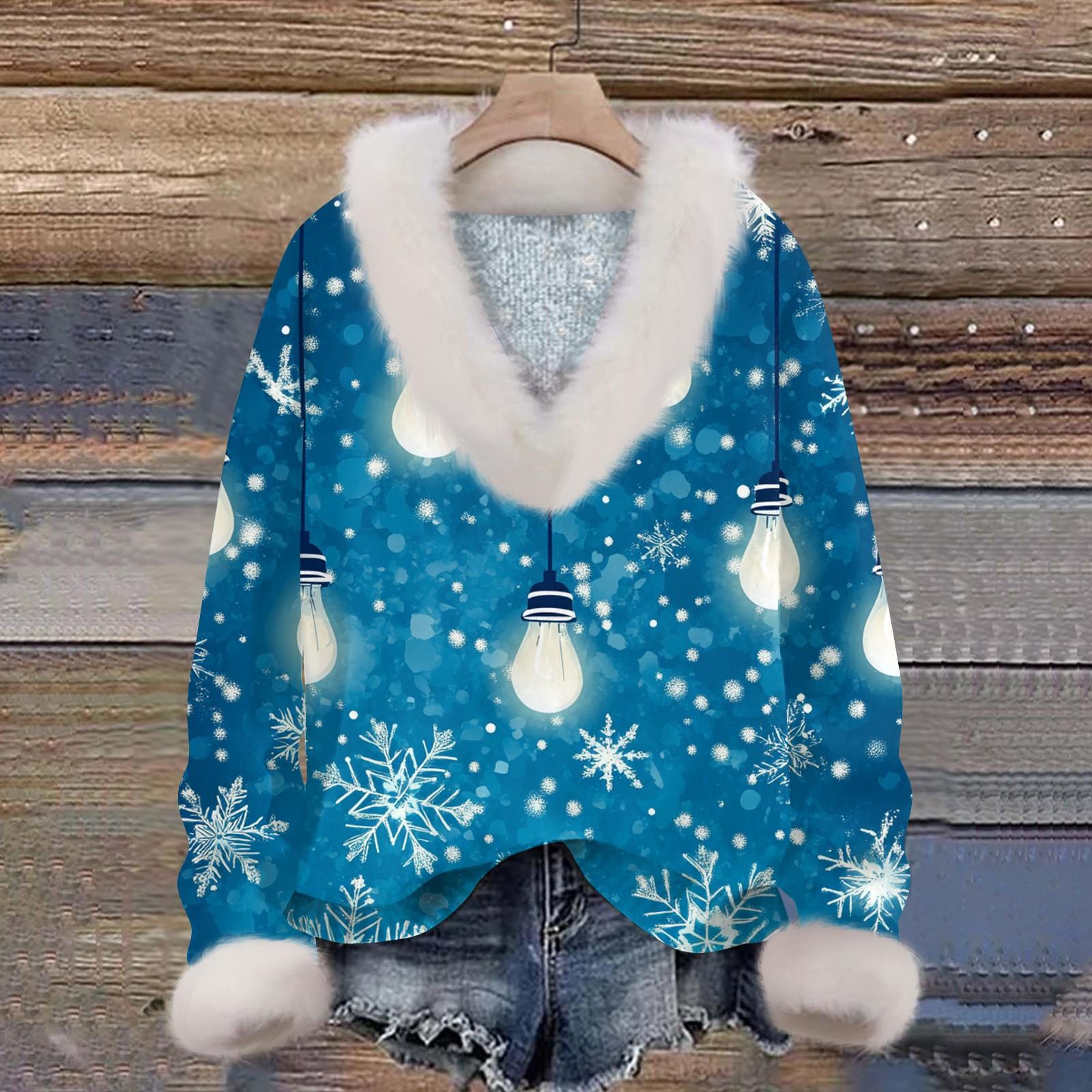 

Женская толстовка с длинным рукавом, рождественским принтом, плюшевым воротником, V-образным вырезом, пуловер M синий