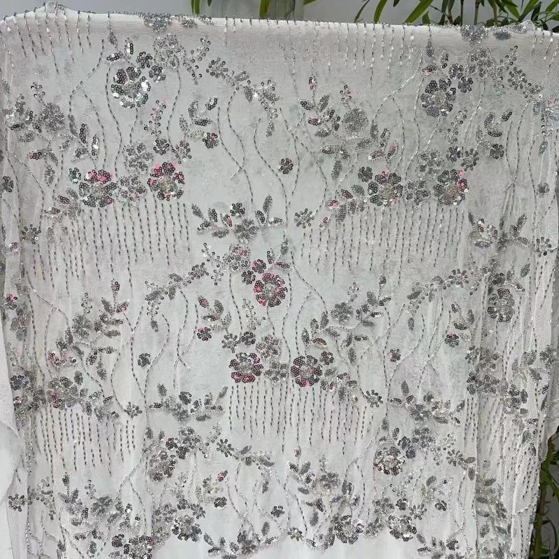 Elegant Beads Sequins Lace Fabric Sequins Embroidered Lace Fabric Diamond Fringe Wedding Dress Material for Clothing