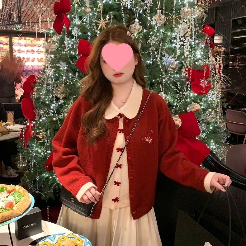 

Slightly Plump Women s Plus Size Fake Two-Piece Knit Sweater for Fall/Winter 2XL (125-150 lbs) червоний