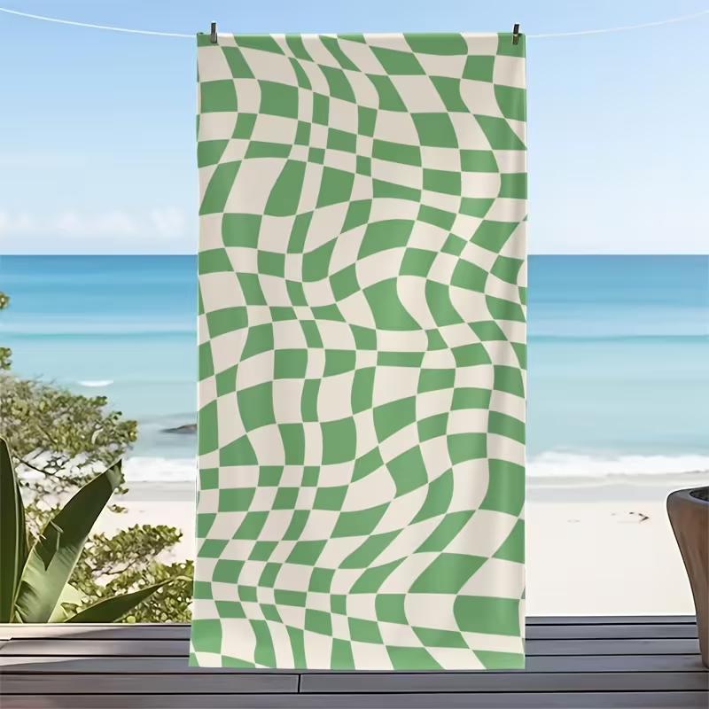 Rainbow Wavy Checkerboard Print Beach Towel Retro Y2K Colorful Warped Grid Soft Quick Dry Absorbent Large Swim Towel for Summer