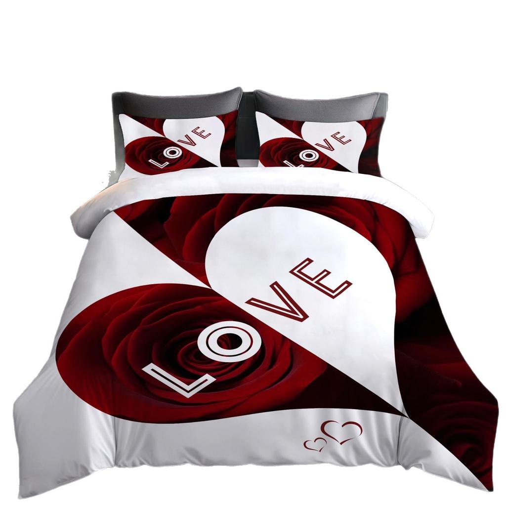 Valentine'S Day Love Rose 3D Digital Printing Sanded Bed Three-Piece Set Japan
