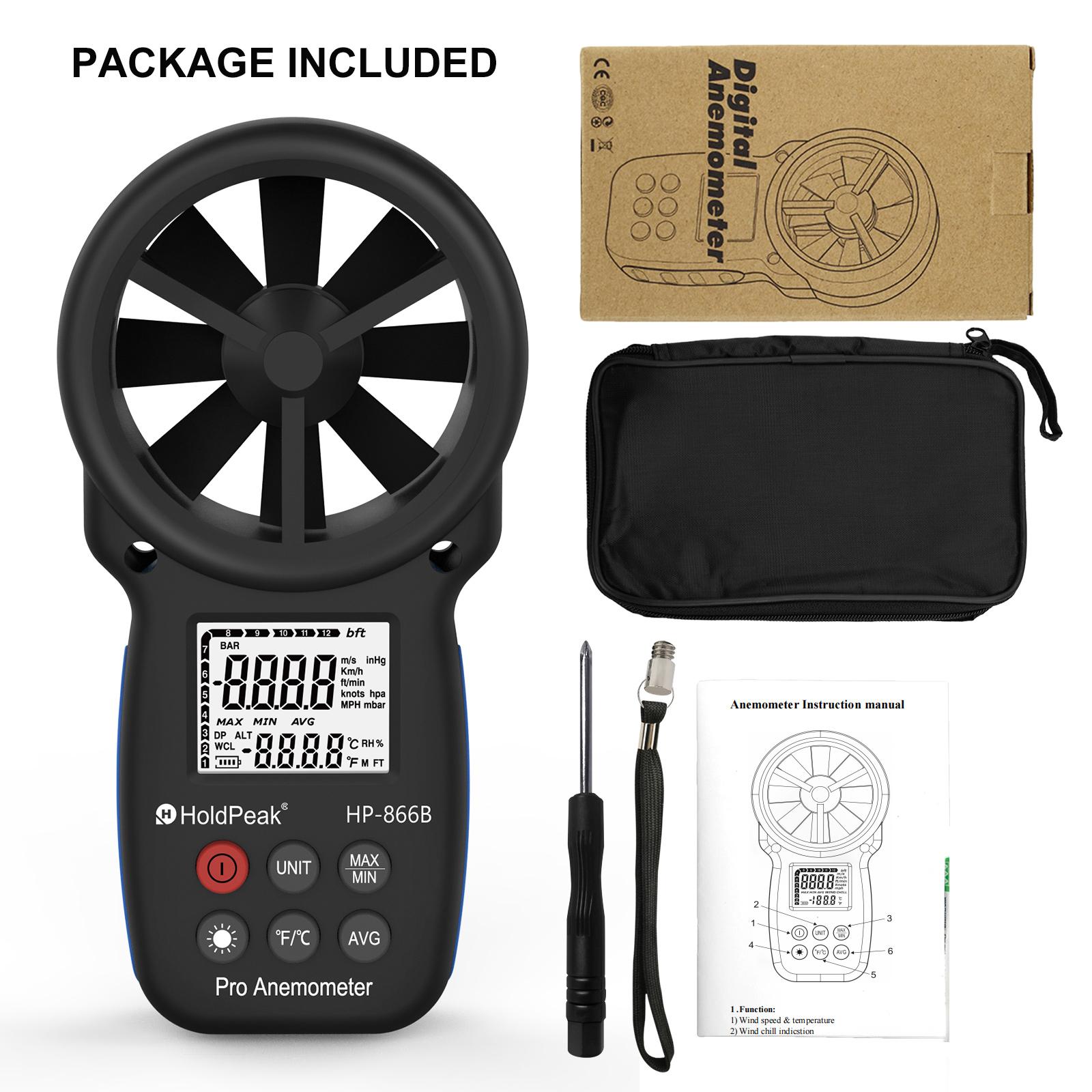 

HP-866B Anemometer Wind speed & temperature,Wind chill indicstion Hand-held Current/Average/Max/Min LCD back-light HOLDPEAK синій