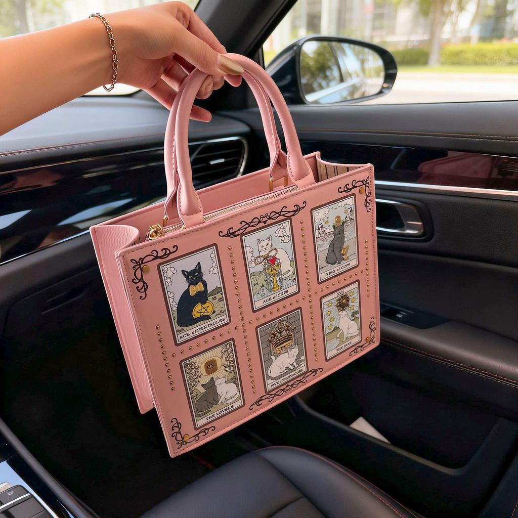 Fashionable Women's Tote Bag with Unique Cat Elf Illustrations and Adjustable Strap