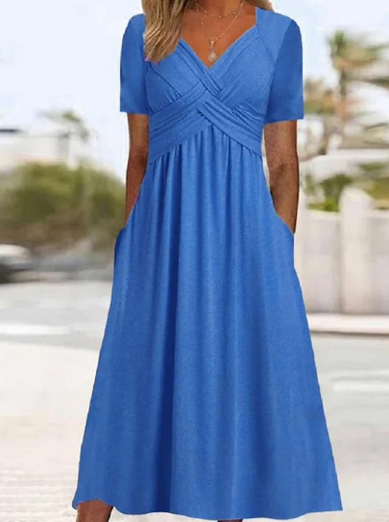 Women's V Neck Short Sleeve Empire Waist Solid Color Ruched Midi Dress Casual A Line Dress