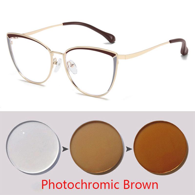 Anti-blue Light Cat Eye Prescription Spectacle Women Myopia Lens Photochromic Eyeglasses Diopter 0 -0.5 -0.75 -1.0 -2.0 To -6.0