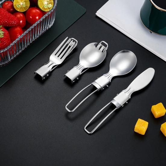 Stainless Steel Folding Spoon Fork Cutter Straw Brush Outdoor Camping Picnic Hiking Collapsible Cutlery Flatware Utensils
