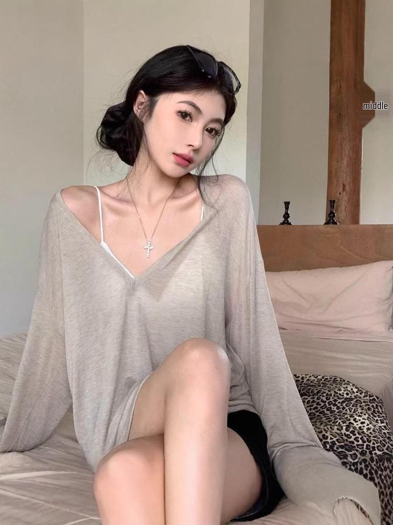 Tencel V-neck Ribbed Sheer Long Sleeve Loose Sun Protection Women's Top