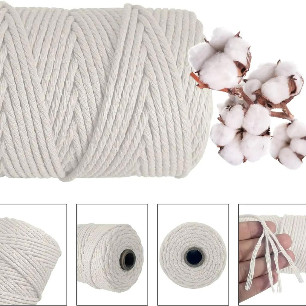 Corde 3mm 100m Corde en Coton Naturel Torsadée 4 Brins Corde en Coton pour Suspension Murale Artisanat Tricot Boho Décoration Maison Mariage