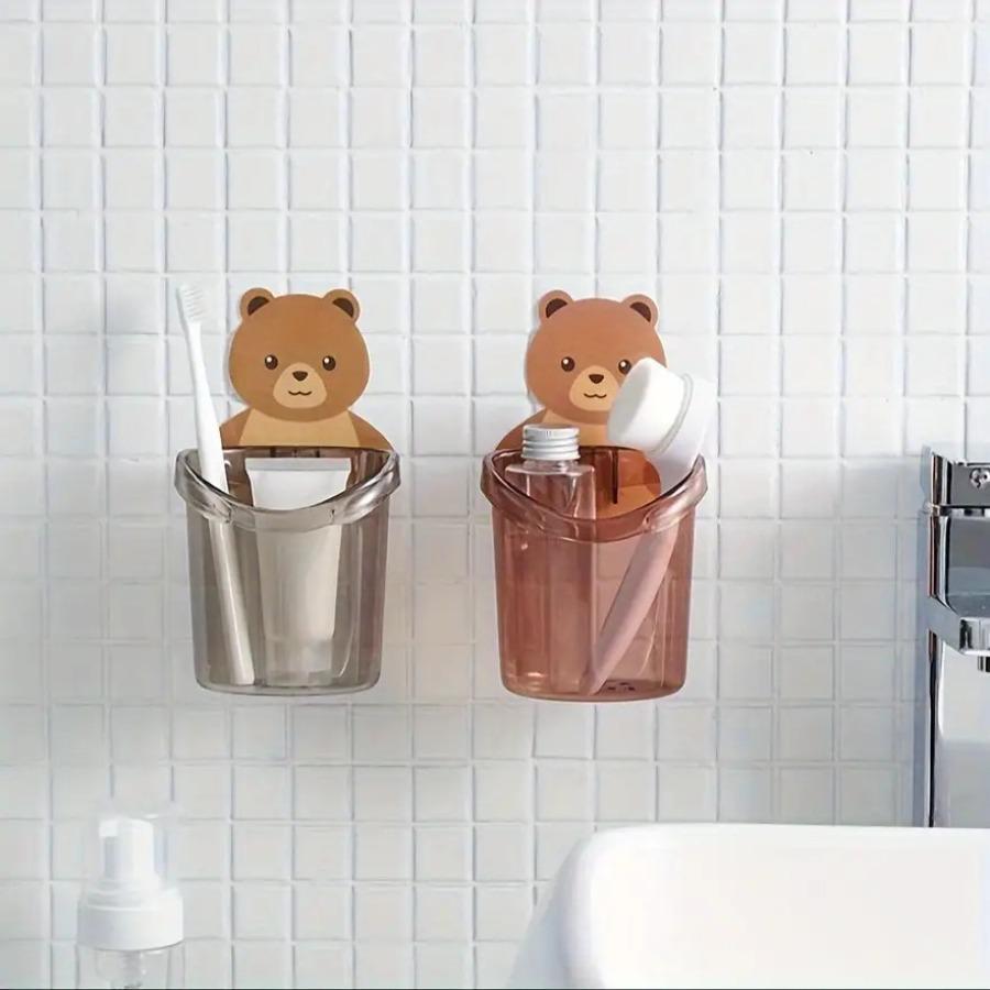 Set of 3 Cute Bear Wall-Mounted Sticky Storage Cups, Plastic Toothbrush Holder with Drainage Feature, No Power Required for Bathroom Storage Rack