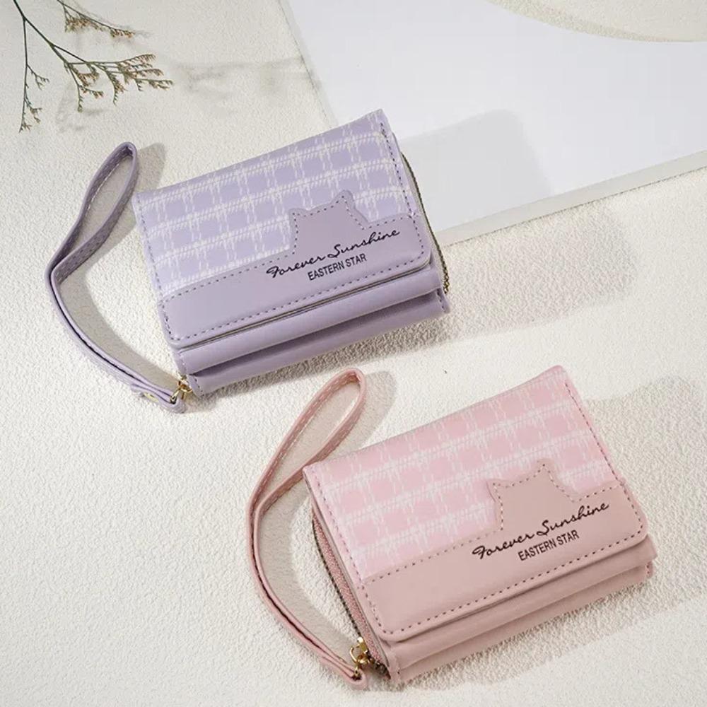 

Waterproof Plaid Coin Pouch Korean Style Hanging Wrist Bag Gift Cute Cat Wallet Daily фіолетовий