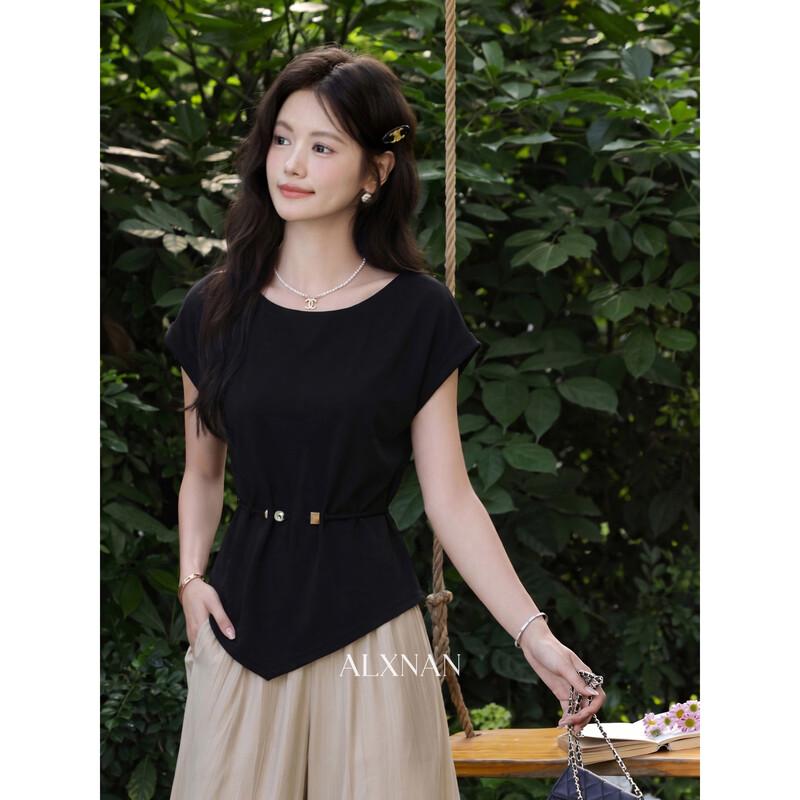 Women s Elegant Irregular Waist Black Short Sleeve T-shirt L