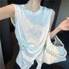 French-Style Elegant Design Pleated Waist-Cinching Sleeveless Knit T-Shirt for Women, 2025 Autumn New Versatile Slim-Fit Top