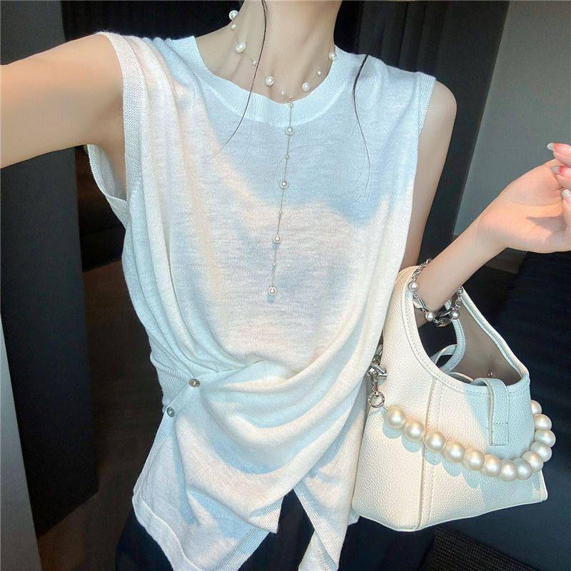 

French-Style Elegant Design Pleated Waist-Cinching Sleeveless Knit T-Shirt for Women, 2025 Autumn New Versatile Slim-Fit Top White S Recommends Wearing 40-47.5kg
