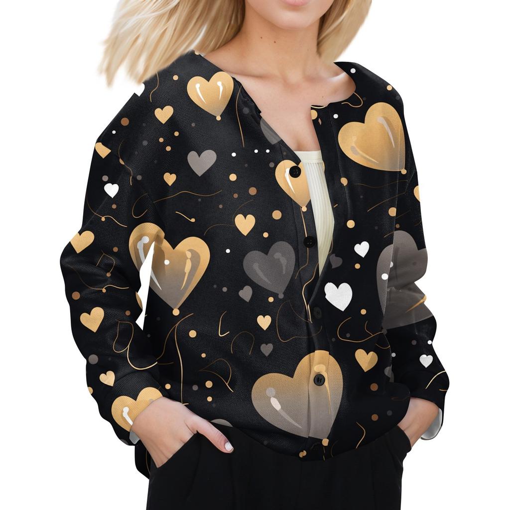Women's Fashion Valentine's Day Printed Long Sleeve Cardigan Button Jacket