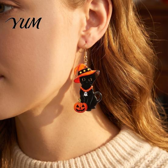 Halloween Earrings for Women 1 Pair Black Cat Acrylic Women, Cute Lightweight Decor with Wizard Hat And Pumpkin Dangle Jewelry Party Costume Creative