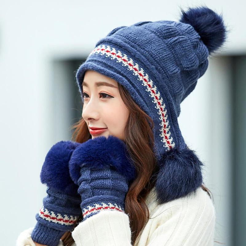 Hat Women's Winter Knitted Hair Ball Glove Set, Student Cycling Women's Fleece Thickened Thermal Ear Protector