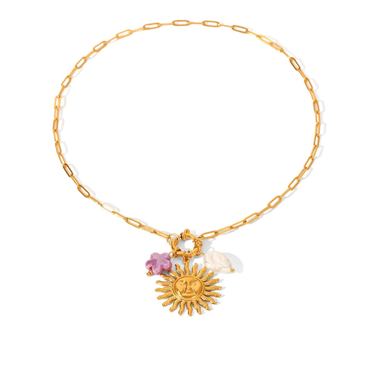 

Flower Pearl Stainless Steel Sun Pendant Necklace Women s Unique Choker Versatile 18K Gold Necklace
