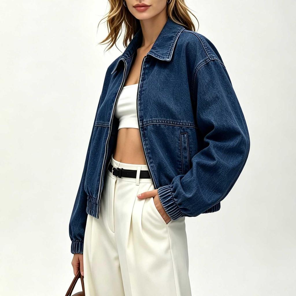 Veste en jean décontractée rétro pour femme à manches longues, col à revers et fermeture éclair sur le devant