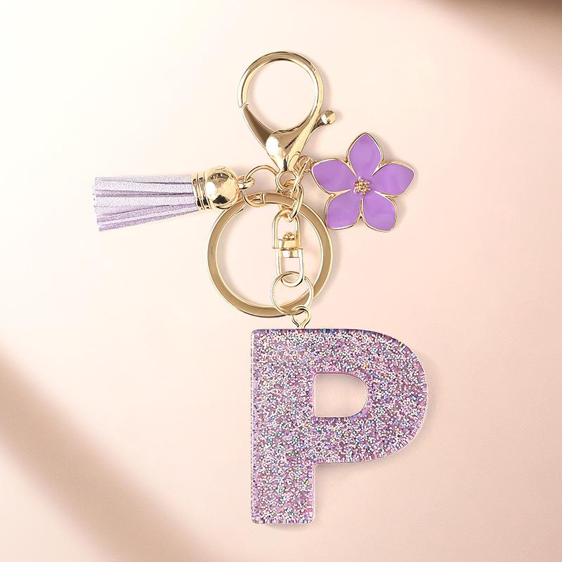 Flash Powder 26 English letters, diy, Resin keychain, purple flower, pendant, bag pendant, keychain, Christmas gift, Stocking stuffers