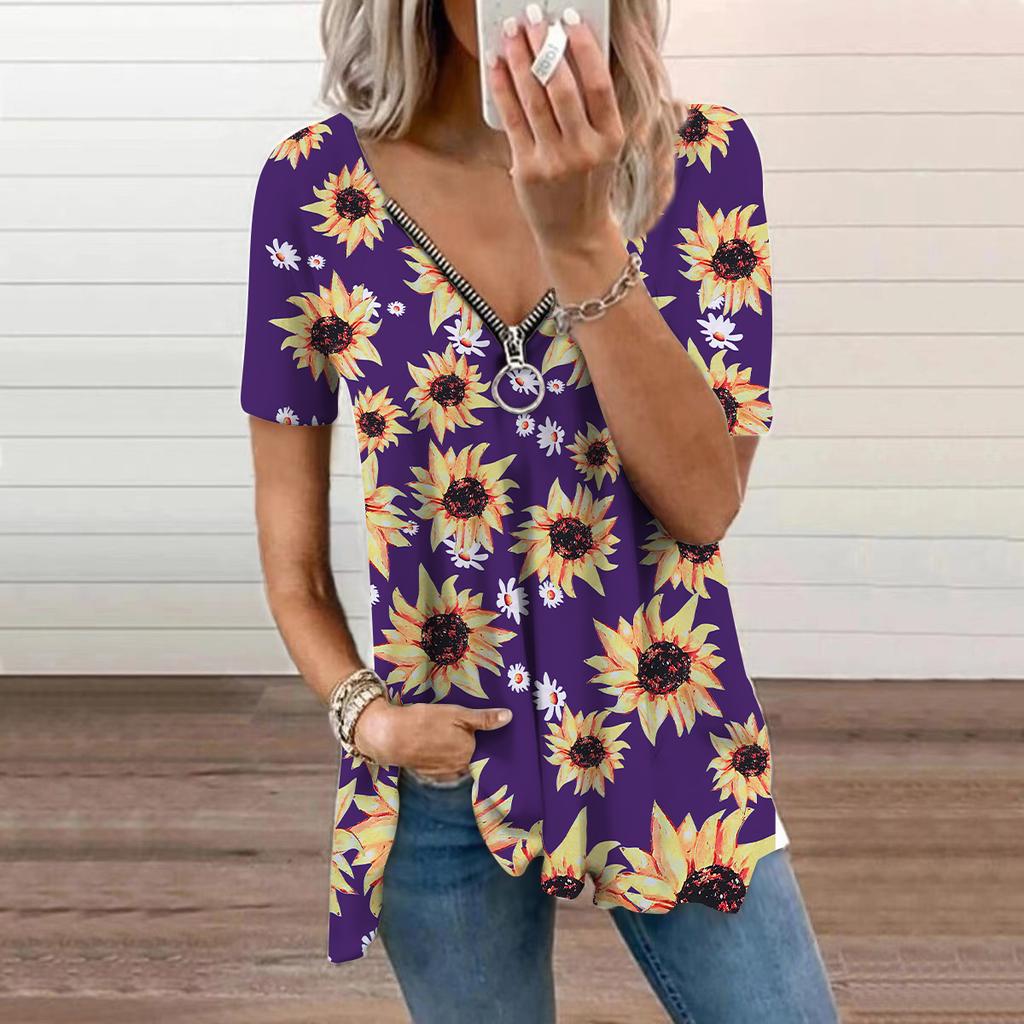 Women's Top Summer New Fashion Sunflower Printed Casual Zipper V-neck Short Sleeve Top
