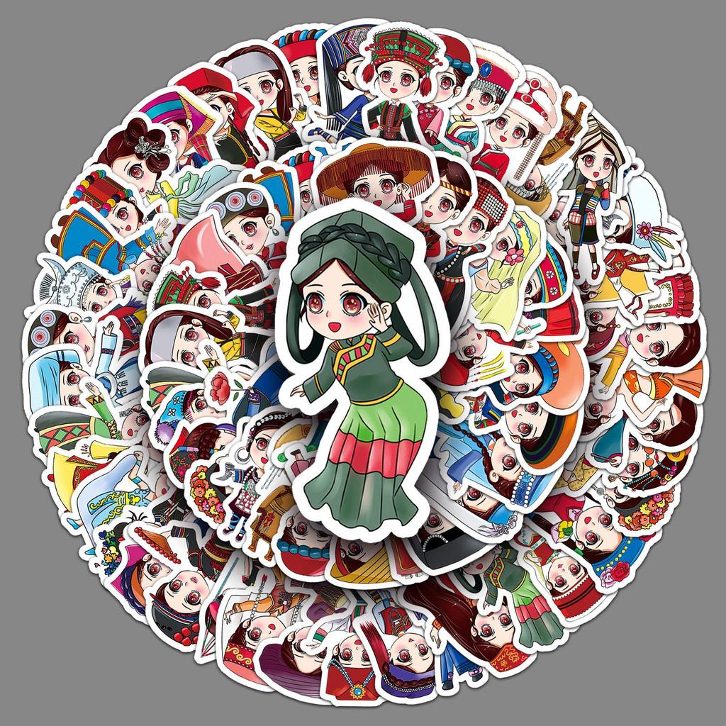 56 Creative Stickers of 56 Ethnic Groups In Chinese Style Traditional Ethnic Minority Clothing Girl Hand Tent Guka Stickers