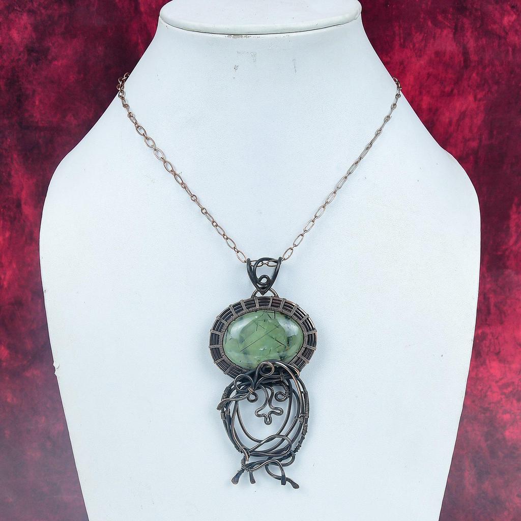 Moss Prehnite Pendant Copper Wire Wrapped Handmade Jewelry Real Gemstone Pendant