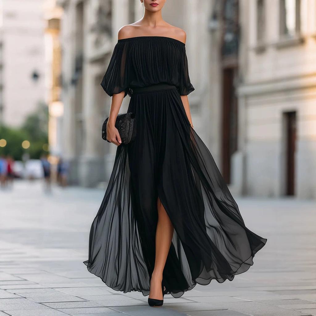 Nuovo vestito estivo sexy da donna in chiffon plissettato senza spalle 2026