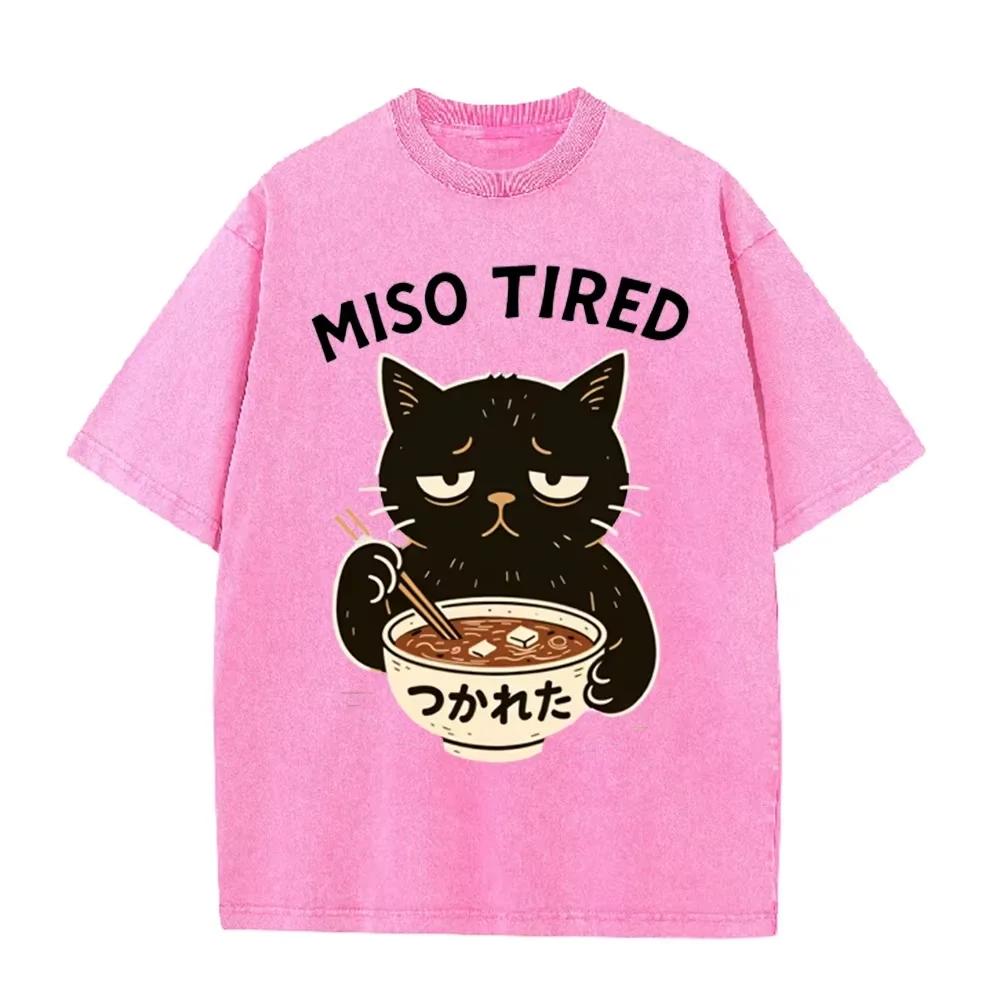 Vintage Washed Purple "Miso Tired" Black Cat Miso Soup Casual T Shirt