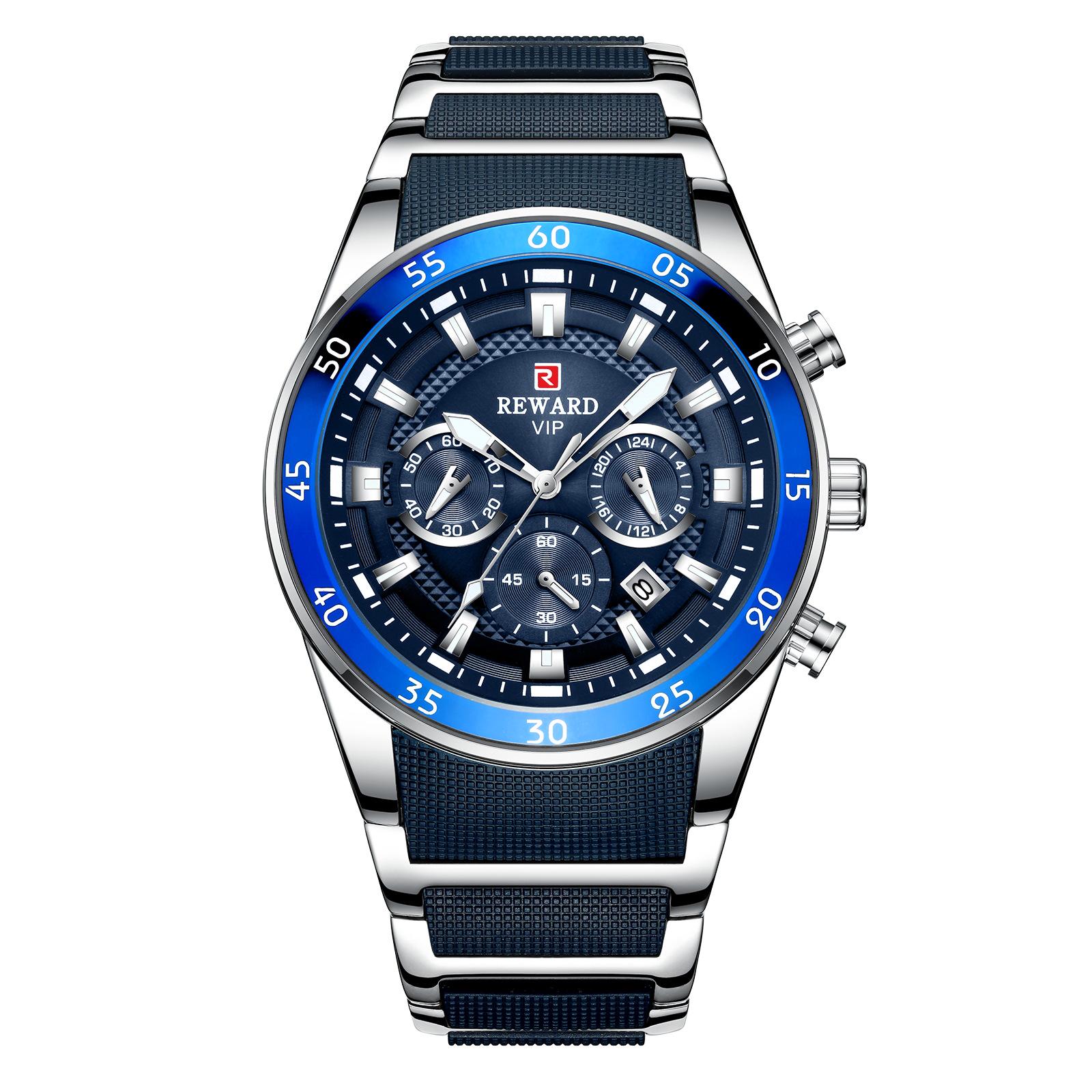 Многофункциональные светящиеся водонепроницаемые мужские спортивные часы Reward с календарем и браслетом из нержавеющей стали (Модель RD81011M)