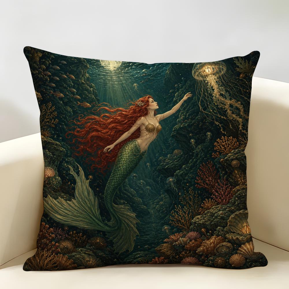 Ocean Fantasy Underwater Mermaid Cushion Cover Durable Hypoallergenic Organic Linen Pillow Cover Washable SkinFriendly