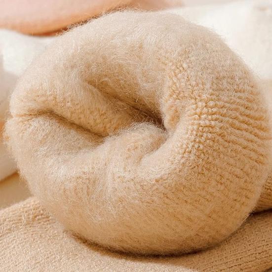 1 Pair Women Winter Socks Solid Color Ribbed Cuffs Thickened Plush Lining Sleeping Socks Autumn Winter Daily Wear