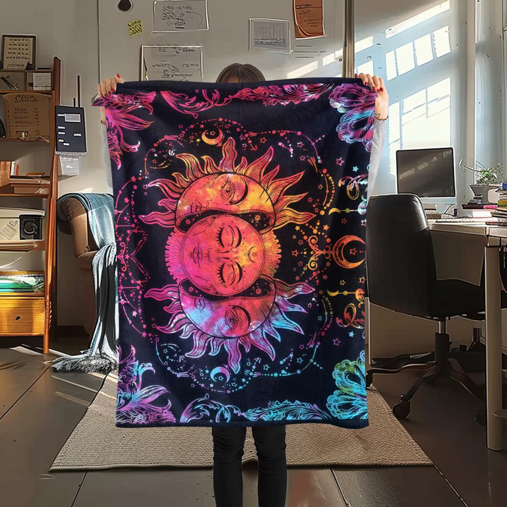 1PC Sun and Moon Print Flannel Blanket, High quality All Seasons, Home Decor, Warmth and Comfort, Perfect for Christmas Gifts