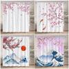 Japanese Style Floral Shower Curtain Pink Cherry Blossom Koi Fish Sea Waves Abstract Mountain Scenery Bathroom Curtain Decor Set