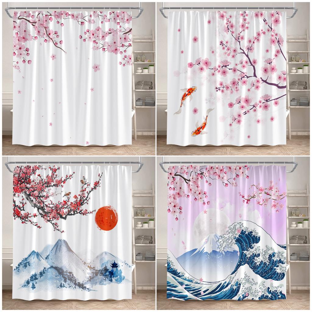 Japanese Style Floral Shower Curtain Pink Cherry Blossom Koi Fish Sea Waves Abstract Mountain Scenery Bathroom Curtain Decor Set