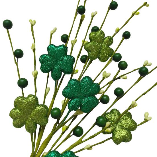 St. Patrick's Day Artificial Shamrock Plant Picks Glitter Four Leaf Clover Berries Stems for Flower Arrangements Irish Vase Home Table Centerpiece