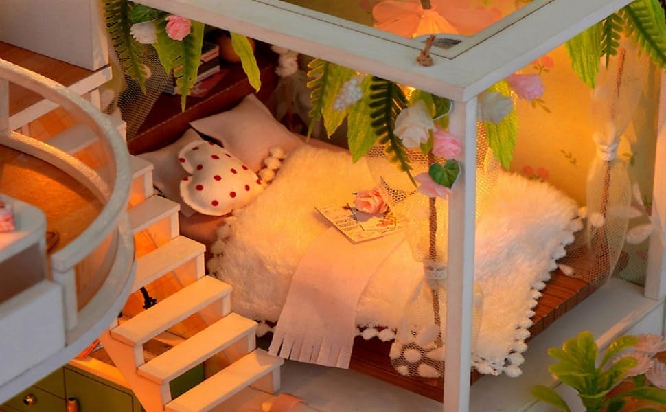 sofiey Dollhouse DIY Kit Set, Miniature Furniture Craft Kit with Instructions (Hana no Ma no Himitsugo + Dustproof Case + Music Box)