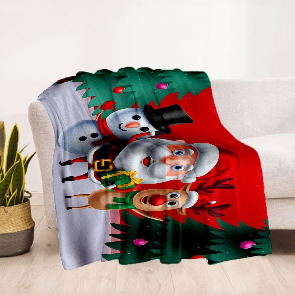 Christmas Santa Claus Snowman Reindeer Greeting CardBlanket Flannel Throw Blanket for Sofa, Bed, Travel, Camping, Office, Couch, Chair, And