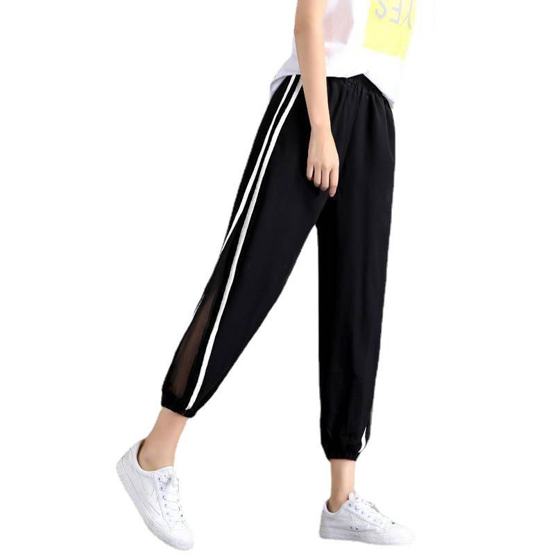 Women's Summer Wide Legged Pants with High Waist and Dropping Feeling Long Pants, Small and Slim, Tight Feet Mesh Sports Thin Pants