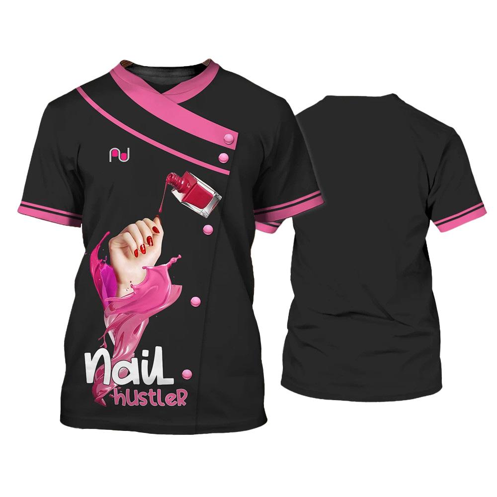 Digital Printed Women's Round Neck Casual Short Sleeved T-shirt Beauty Nail Uniform Summer Casual Fashion Comfortable Plus Size T-shirt